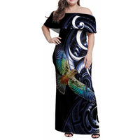 New Zealand Kea Bird Personalised Family Matching Off Shoulder Maxi Dress and Hawaiian Shirt Maori Tribal Koru Art LT9 Mom's Dress Blue - Polynesian Pride