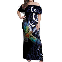 New Zealand Kea Bird Personalised Off Shoulder Maxi Dress Maori Tribal Koru Art LT9 Women Blue - Polynesian Pride
