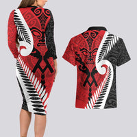 Silver Fern Koru Swirls with Maori Ta Moko Couples Matching Long Sleeve Bodycon Dress and Hawaiian Shirt LT9 - Polynesian Pride