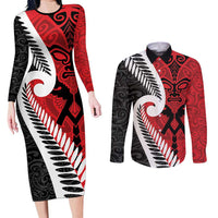 Silver Fern Koru Swirls with Maori Ta Moko Couples Matching Long Sleeve Bodycon Dress and Long Sleeve Button Shirt LT9 Red - Polynesian Pride