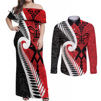 Silver Fern Koru Swirls with Maori Ta Moko Couples Matching Off Shoulder Maxi Dress and Long Sleeve Button Shirt LT9 Red - Polynesian Pride