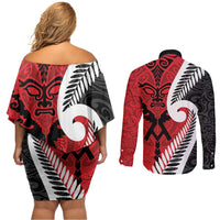 Silver Fern Koru Swirls with Maori Ta Moko Couples Matching Off Shoulder Short Dress and Long Sleeve Button Shirt LT9 - Polynesian Pride