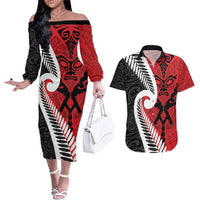 Silver Fern Koru Swirls with Maori Ta Moko Couples Matching Off The Shoulder Long Sleeve Dress and Hawaiian Shirt LT9 Red - Polynesian Pride