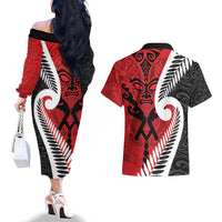Silver Fern Koru Swirls with Maori Ta Moko Couples Matching Off The Shoulder Long Sleeve Dress and Hawaiian Shirt LT9 - Polynesian Pride