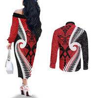 Silver Fern Koru Swirls with Maori Ta Moko Couples Matching Off The Shoulder Long Sleeve Dress and Long Sleeve Button Shirt LT9 - Polynesian Pride