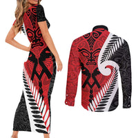 Silver Fern Koru Swirls with Maori Ta Moko Couples Matching Short Sleeve Bodycon Dress and Long Sleeve Button Shirt LT9 - Polynesian Pride