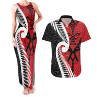 Silver Fern Koru Swirls with Maori Ta Moko Couples Matching Tank Maxi Dress and Hawaiian Shirt LT9 Red - Polynesian Pride