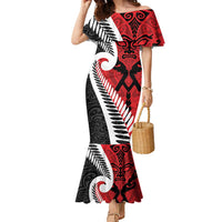 Silver Fern Koru Swirls with Maori Ta Moko Family Matching Mermaid Dress and Hawaiian Shirt LT9 Mom's Dress Red - Polynesian Pride