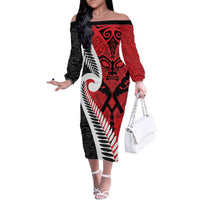 Silver Fern Koru Swirls with Maori Ta Moko Family Matching Off The Shoulder Long Sleeve Dress and Hawaiian Shirt LT9 Mom's Dress Red - Polynesian Pride