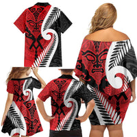 Silver Fern Koru Swirls with Maori Ta Moko Family Matching Off Shoulder Short Dress and Hawaiian Shirt LT9 - Polynesian Pride