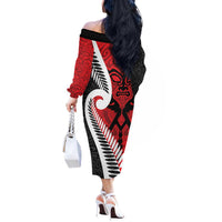 Silver Fern Koru Swirls with Maori Ta Moko Off The Shoulder Long Sleeve Dress LT9 - Polynesian Pride