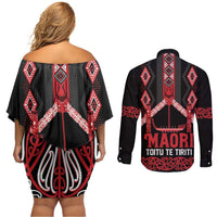 Toitu Te Tiriti Waitangi Couples Matching Off Shoulder Short Dress and Long Sleeve Button Shirt Black Wharenui House LT9 - Polynesian Pride