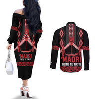 Toitu Te Tiriti Waitangi Couples Matching Off The Shoulder Long Sleeve Dress and Long Sleeve Button Shirt Black Wharenui House LT9 - Polynesian Pride