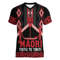 Toitu Te Tiriti Waitangi Women V-Neck T-Shirt Black Wharenui House LT9 Female Black - Polynesian Pride