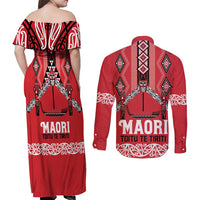 Toitu Te Tiriti Waitangi Couples Matching Off Shoulder Maxi Dress and Long Sleeve Button Shirt Red Wharenui House LT9 - Polynesian Pride