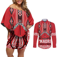 Toitu Te Tiriti Waitangi Couples Matching Off Shoulder Short Dress and Long Sleeve Button Shirt Red Wharenui House LT9 Red - Polynesian Pride