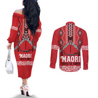 Toitu Te Tiriti Waitangi Couples Matching Off The Shoulder Long Sleeve Dress and Long Sleeve Button Shirt Red Wharenui House LT9 - Polynesian Pride