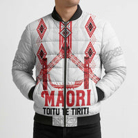 Toitu Te Tiriti Waitangi Bomber Puffer Jacket White Wharenui House - Polynesian Pride