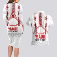 Toitu Te Tiriti Waitangi Couples Matching Long Sleeve Bodycon Dress and Hawaiian Shirt White Wharenui House LT9 - Polynesian Pride