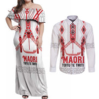 Toitu Te Tiriti Waitangi Couples Matching Off Shoulder Maxi Dress and Long Sleeve Button Shirt White Wharenui House LT9 white - Polynesian Pride