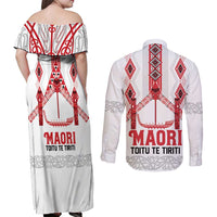Toitu Te Tiriti Waitangi Couples Matching Off Shoulder Maxi Dress and Long Sleeve Button Shirt White Wharenui House LT9 - Polynesian Pride