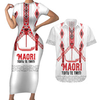Toitu Te Tiriti Waitangi Couples Matching Short Sleeve Bodycon Dress and Hawaiian Shirt White Wharenui House LT9 white - Polynesian Pride