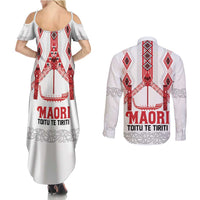 Toitu Te Tiriti Waitangi Couples Matching Summer Maxi Dress and Long Sleeve Button Shirt White Wharenui House LT9 - Polynesian Pride