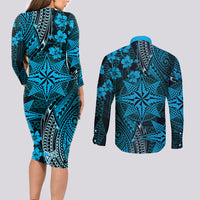 Vintage Tonga Tribal Ngatu Pattern Couples Matching Long Sleeve Bodycon Dress and Long Sleeve Button Shirt With Pacific Floral Aqua Art LT9 - Polynesian Pride