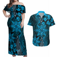 Vintage Tonga Tribal Ngatu Pattern Couples Matching Off Shoulder Maxi Dress and Hawaiian Shirt With Pacific Floral Aqua Art LT9 Aqua - Polynesian Pride