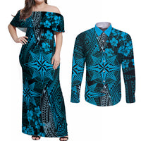 Vintage Tonga Tribal Ngatu Pattern Couples Matching Off Shoulder Maxi Dress and Long Sleeve Button Shirt With Pacific Floral Aqua Art LT9 Aqua - Polynesian Pride