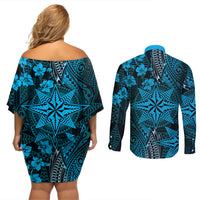 Vintage Tonga Tribal Ngatu Pattern Couples Matching Off Shoulder Short Dress and Long Sleeve Button Shirt With Pacific Floral Aqua Art LT9 - Polynesian Pride