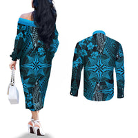 Vintage Tonga Tribal Ngatu Pattern Couples Matching Off The Shoulder Long Sleeve Dress and Long Sleeve Button Shirt With Pacific Floral Aqua Art LT9 - Polynesian Pride