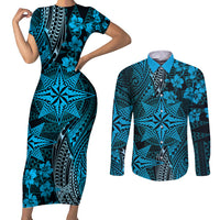 Vintage Tonga Tribal Ngatu Pattern Couples Matching Short Sleeve Bodycon Dress and Long Sleeve Button Shirt With Pacific Floral Aqua Art LT9 Aqua - Polynesian Pride