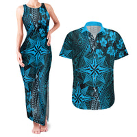 Vintage Tonga Tribal Ngatu Pattern Couples Matching Tank Maxi Dress and Hawaiian Shirt With Pacific Floral Aqua Art LT9 Aqua - Polynesian Pride