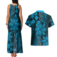 Vintage Tonga Tribal Ngatu Pattern Couples Matching Tank Maxi Dress and Hawaiian Shirt With Pacific Floral Aqua Art LT9 - Polynesian Pride