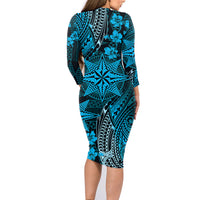 Vintage Tonga Tribal Ngatu Pattern Family Matching Long Sleeve Bodycon Dress and Hawaiian Shirt With Pacific Floral Aqua Art LT9 - Polynesian Pride