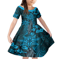 Vintage Tonga Tribal Ngatu Pattern Family Matching Mermaid Dress and Hawaiian Shirt With Pacific Floral Aqua Art LT9 Daughter's Dress Aqua - Polynesian Pride