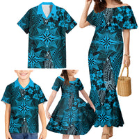 Vintage Tonga Tribal Ngatu Pattern Family Matching Mermaid Dress and Hawaiian Shirt With Pacific Floral Aqua Art LT9 - Polynesian Pride
