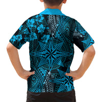 Vintage Tonga Tribal Ngatu Pattern Family Matching Off Shoulder Maxi Dress and Hawaiian Shirt With Pacific Floral Aqua Art LT9 - Polynesian Pride