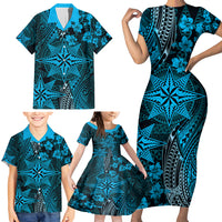 Vintage Tonga Tribal Ngatu Pattern Family Matching Short Sleeve Bodycon Dress and Hawaiian Shirt With Pacific Floral Aqua Art LT9 - Polynesian Pride
