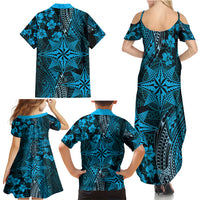 Vintage Tonga Tribal Ngatu Pattern Family Matching Summer Maxi Dress and Hawaiian Shirt With Pacific Floral Aqua Art LT9 - Polynesian Pride