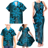 Vintage Tonga Tribal Ngatu Pattern Family Matching Tank Maxi Dress and Hawaiian Shirt With Pacific Floral Aqua Art LT9 - Polynesian Pride