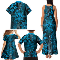 Vintage Tonga Tribal Ngatu Pattern Family Matching Tank Maxi Dress and Hawaiian Shirt With Pacific Floral Aqua Art LT9 - Polynesian Pride