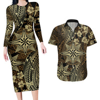 Vintage Tonga Tribal Ngatu Pattern Couples Matching Long Sleeve Bodycon Dress and Hawaiian Shirt With Pacific Floral Brown Art LT9 Brown - Polynesian Pride
