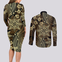 Vintage Tonga Tribal Ngatu Pattern Couples Matching Long Sleeve Bodycon Dress and Long Sleeve Button Shirt With Pacific Floral Brown Art LT9 - Polynesian Pride