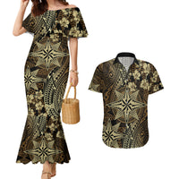 Vintage Tonga Tribal Ngatu Pattern Couples Matching Mermaid Dress and Hawaiian Shirt With Pacific Floral Brown Art LT9 Brown - Polynesian Pride