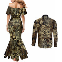 Vintage Tonga Tribal Ngatu Pattern Couples Matching Mermaid Dress and Long Sleeve Button Shirt With Pacific Floral Brown Art LT9 - Polynesian Pride