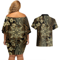 Vintage Tonga Tribal Ngatu Pattern Couples Matching Off Shoulder Short Dress and Hawaiian Shirt With Pacific Floral Brown Art LT9 - Polynesian Pride