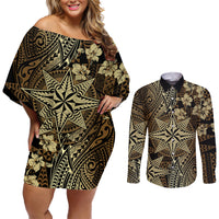 Vintage Tonga Tribal Ngatu Pattern Couples Matching Off Shoulder Short Dress and Long Sleeve Button Shirt With Pacific Floral Brown Art LT9 Brown - Polynesian Pride