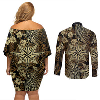 Vintage Tonga Tribal Ngatu Pattern Couples Matching Off Shoulder Short Dress and Long Sleeve Button Shirt With Pacific Floral Brown Art LT9 - Polynesian Pride
